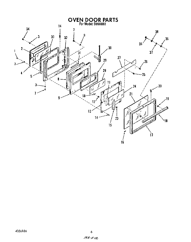 OVEN DOOR , LIT/OPTIONAL Diagram and Parts List for B9908B3  Roper Wall Oven