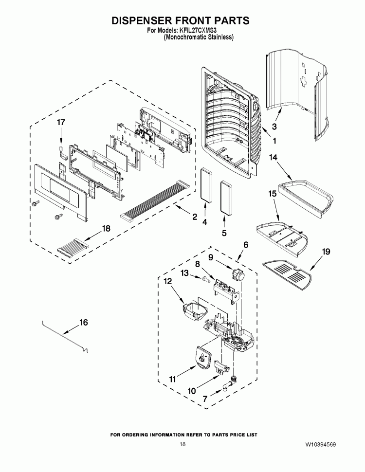 DISPENSER FRONT PARTS Diagram and Parts List for KFIL27CXMS3  KitchenAid Refrigerator