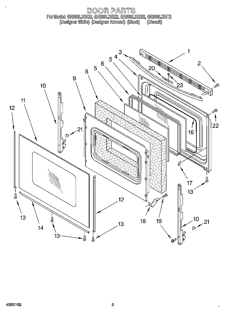 DOOR Diagram and Parts List for GR399LXGB2  Whirlpool Range