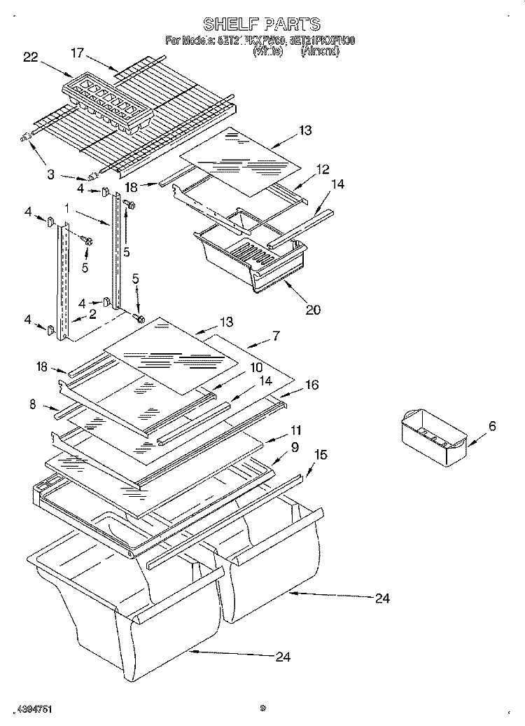 SHELF, LIT/OPTIONAL Diagram and Parts List for 8ET21PKXFW00  Whirlpool Refrigerator