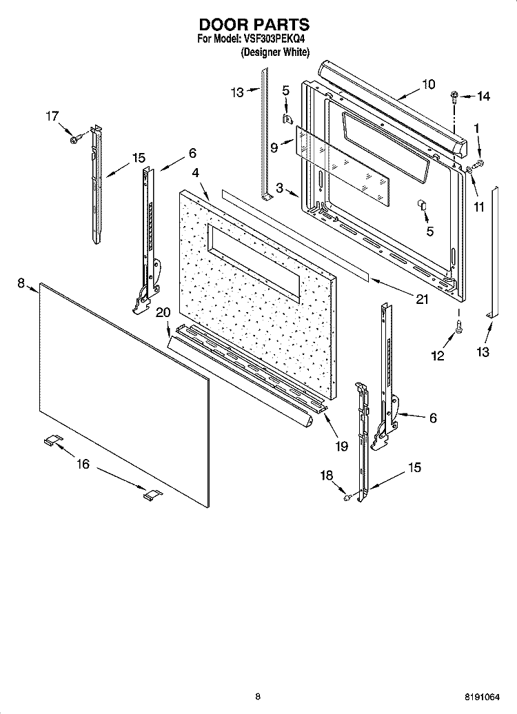 DOOR PARTS, OPTIONAL PARTS (NOT INCLUDED) Diagram and Parts List for VSF303PEKQ4  Whirlpool Range