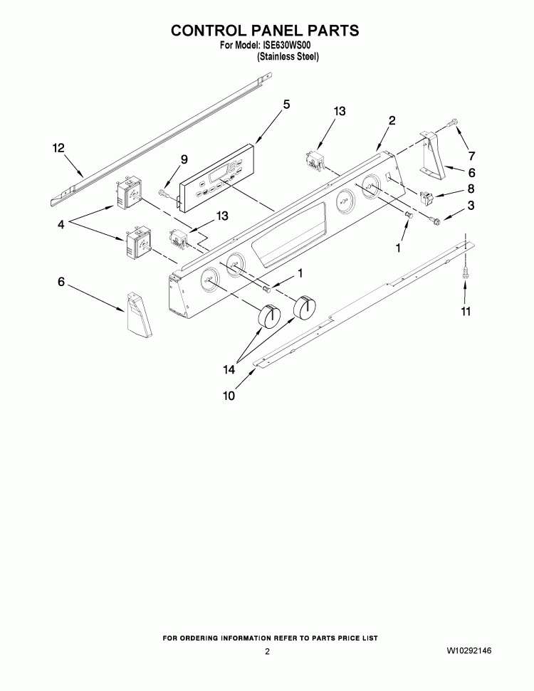 CONTROL PANEL PARTS Diagram and Parts List for ISE630WS00  Whirlpool Range