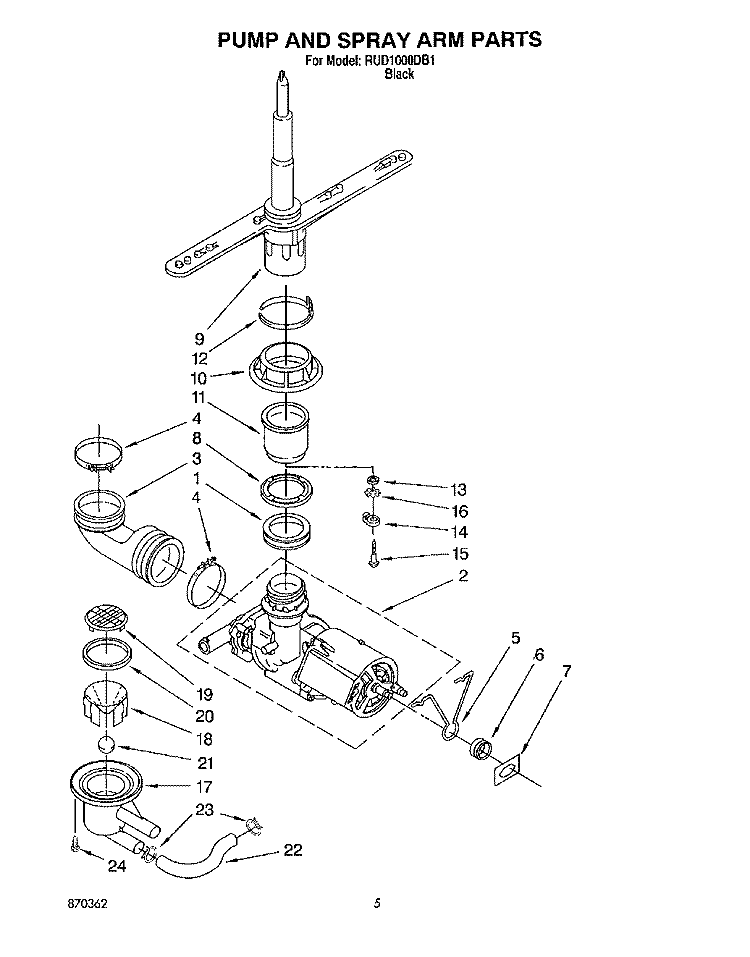 PUMP AND SPRAY ARM Diagram and Parts List for RUD1000DB1  Roper Dishwasher