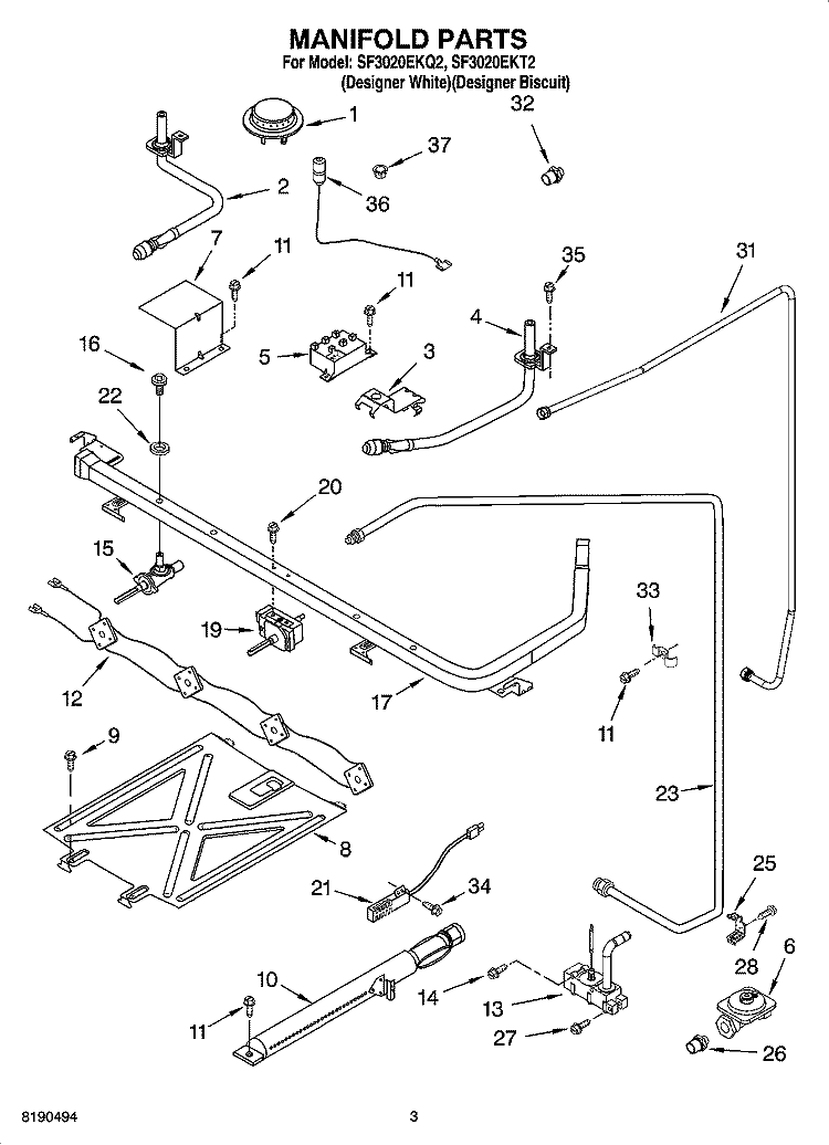 MANIFOLD PARTS Diagram and Parts List for SF3020EKT2  Whirlpool Range