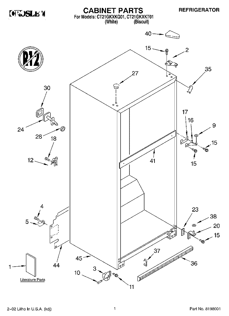 CABINET, LITERATURE Diagram and Parts List for CT21GKXKQ01  Crosley Refrigerator