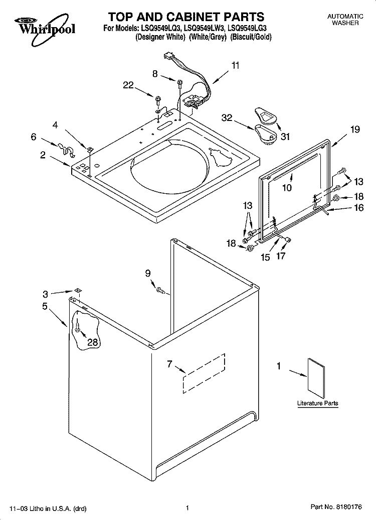 TOP AND CABINET PARTS Diagram and Parts List for LSQ9549LQ3  Whirlpool Washer