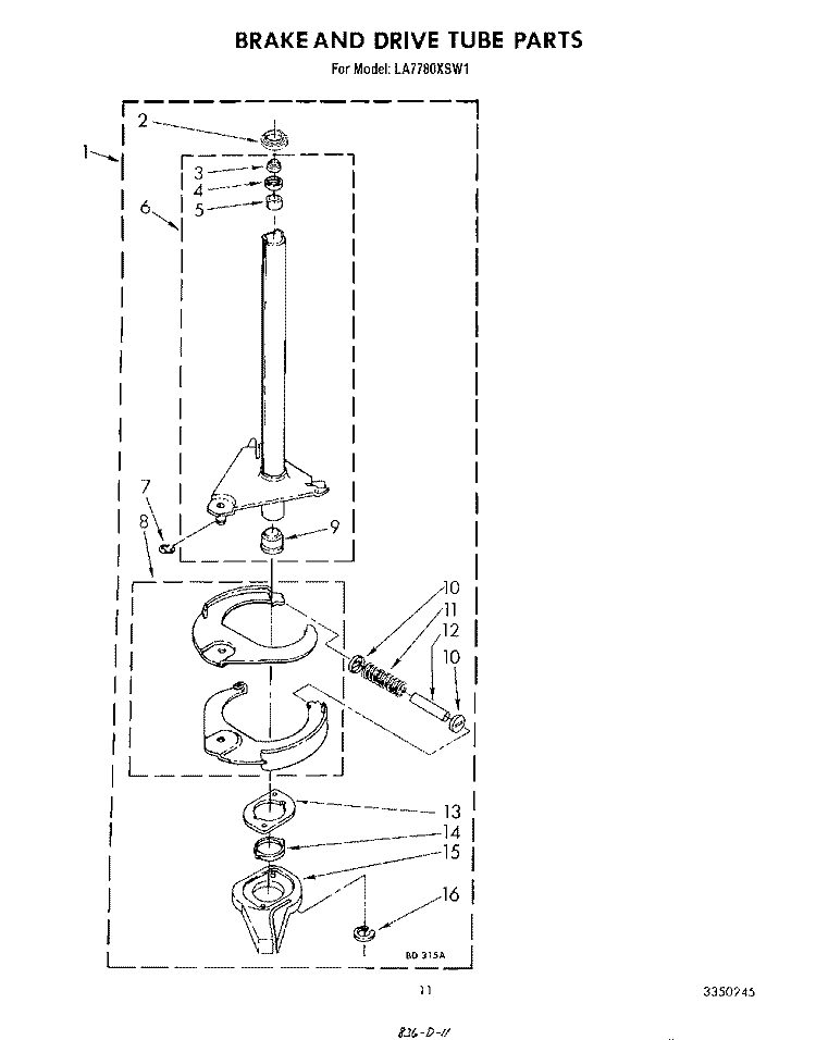 BRAKE AND DRIVE TUBE Diagram and Parts List for LA7780XSW1  Whirlpool Washer