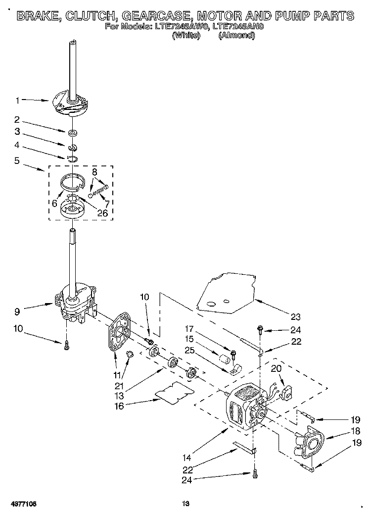 BRAKE, CLUTCH, GEARCASE, MOTOR AND PUMP Diagram and Parts List for LTE7245AN0  Whirlpool Washer Dryer Combo
