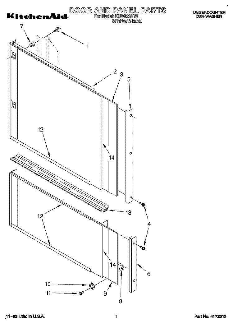 DOOR AND PANEL Diagram and Parts List for KUDA23SY2  KitchenAid Dishwasher