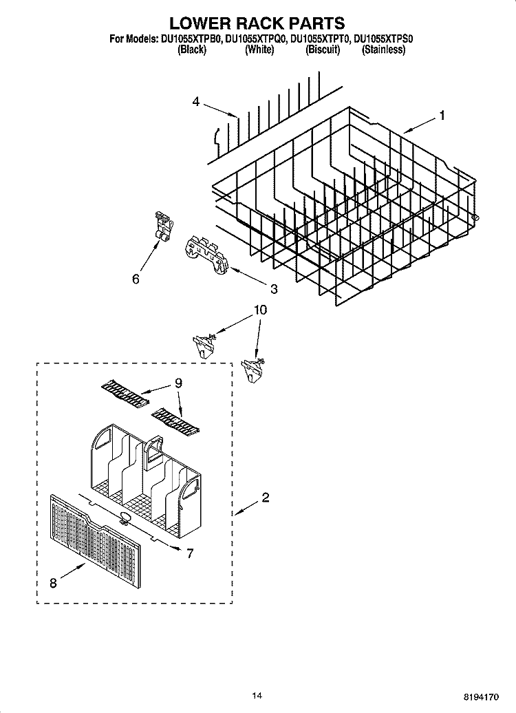 LOWER RACK PARTS, OPTIONAL PARTS (NOT INCLUDED) Diagram and Parts List for DU1055XTPB0  Whirlpool Dishwasher
