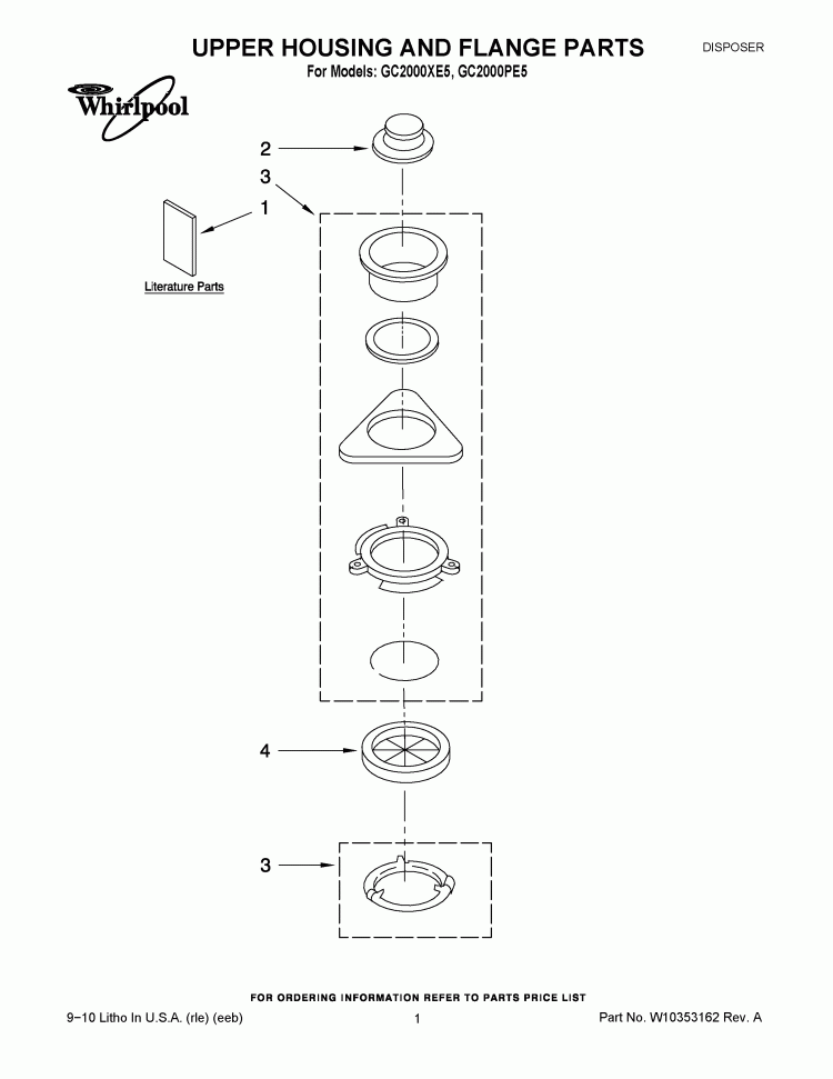 UPPER HOUSING AND FLANGE PARTS Diagram and Parts List for GC2000PE5  Whirlpool Food Waste Disposer