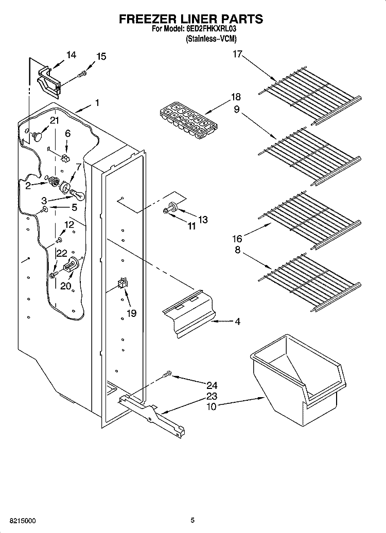 FREEZER LINER PARTS Diagram and Parts List for 6ED2FHKXRL03  Whirlpool Refrigerator