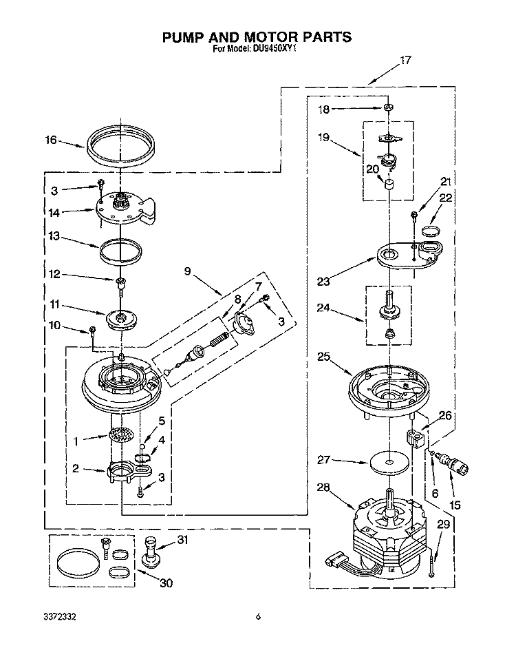 PUMP AND MOTOR Diagram and Parts List for DU9450XY1  Whirlpool Dishwasher