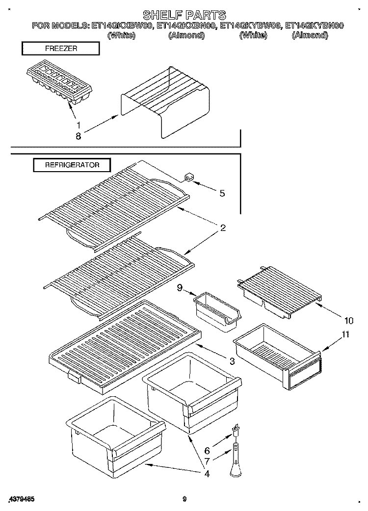 SHELF Diagram and Parts List for ET14GKXBW00  Whirlpool Refrigerator