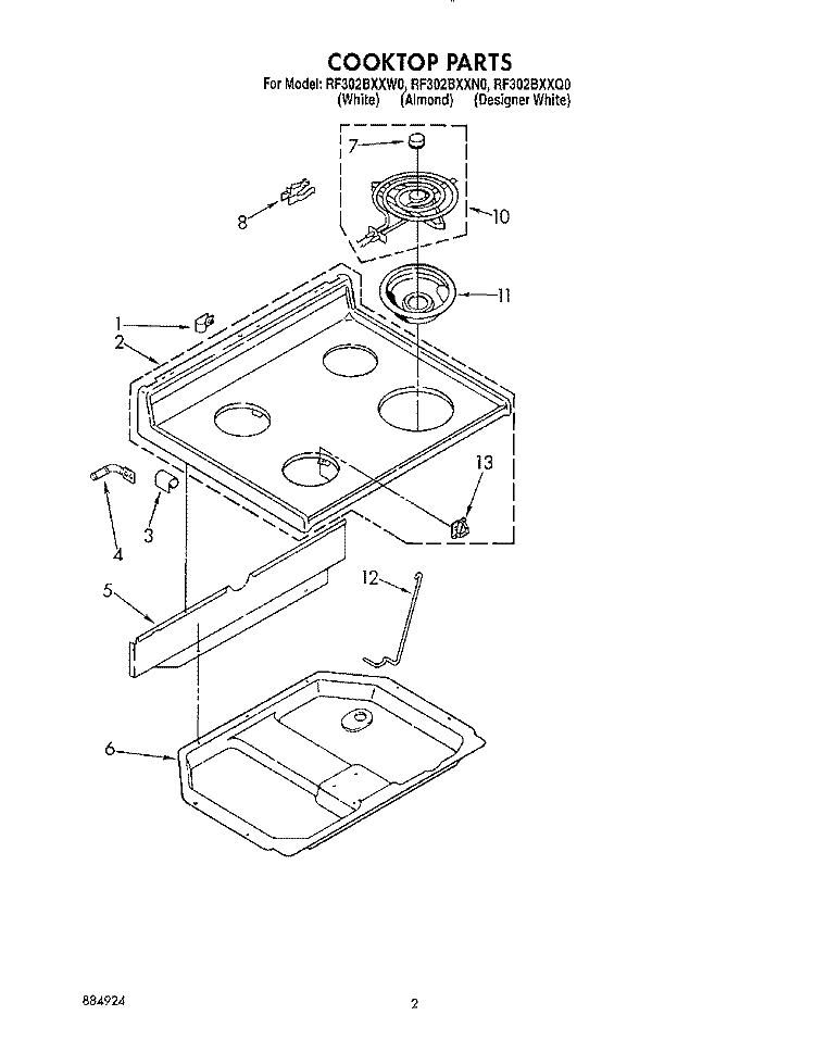 COOKTOP Diagram and Parts List for RF302BXXW0  Whirlpool Range