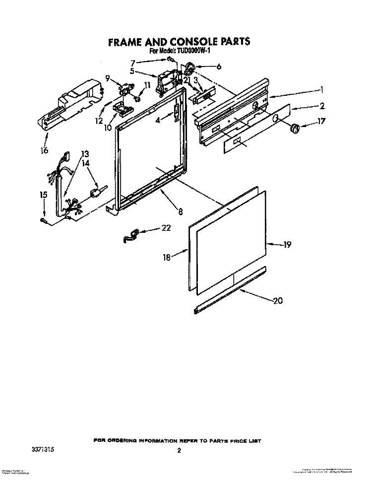 FRAME AND CONSOLE Diagram and Parts List for TUD3000W1  Whirlpool Dishwasher