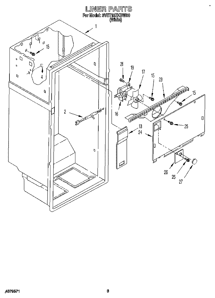 LINER Diagram and Parts List for 3VET19ZKBW00  Whirlpool Refrigerator