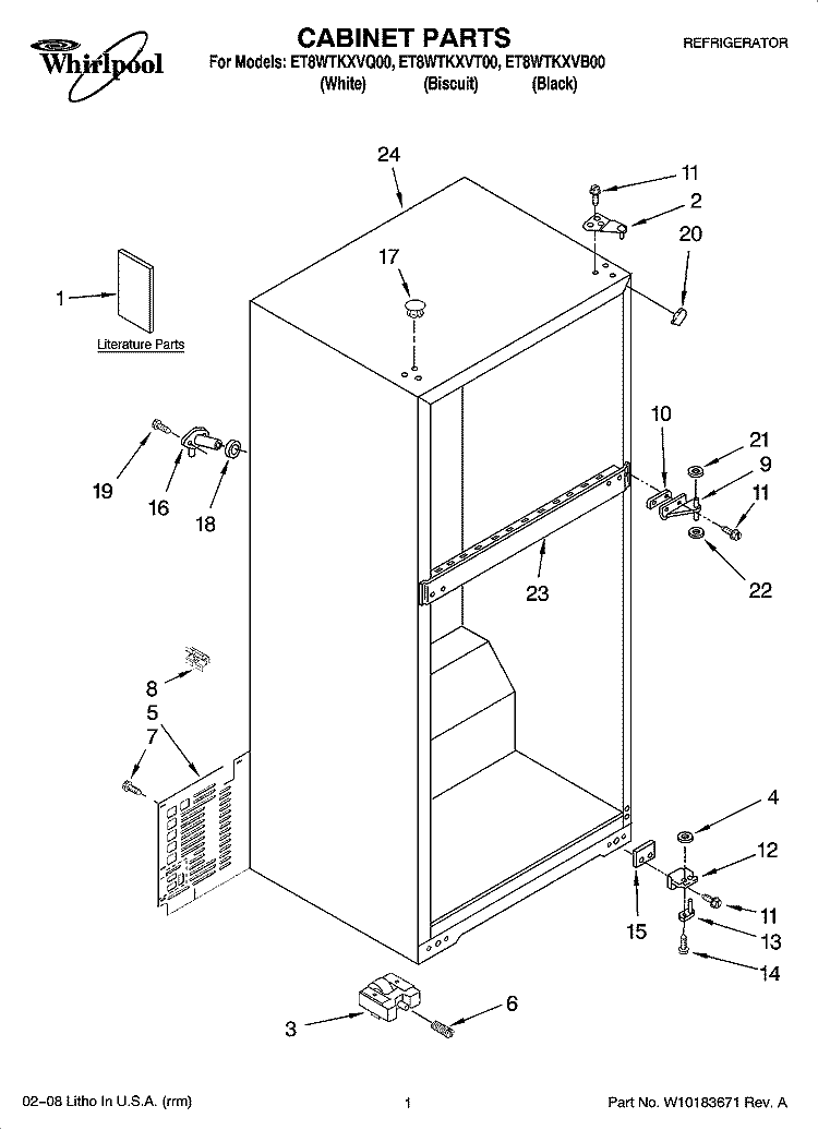 CABINET PARTS Diagram and Parts List for ET8WTKXVB00  Whirlpool Refrigerator