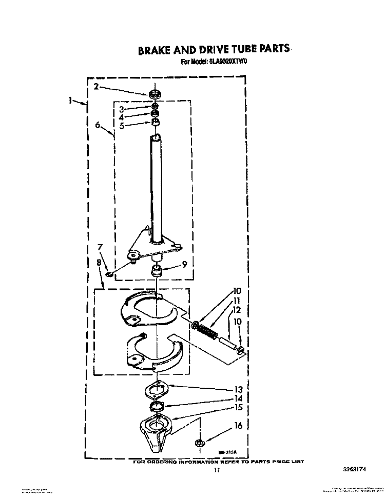 BRAKE AND DRIVE TUBE Diagram and Parts List for 6LA9320XTW0  Whirlpool Washer
