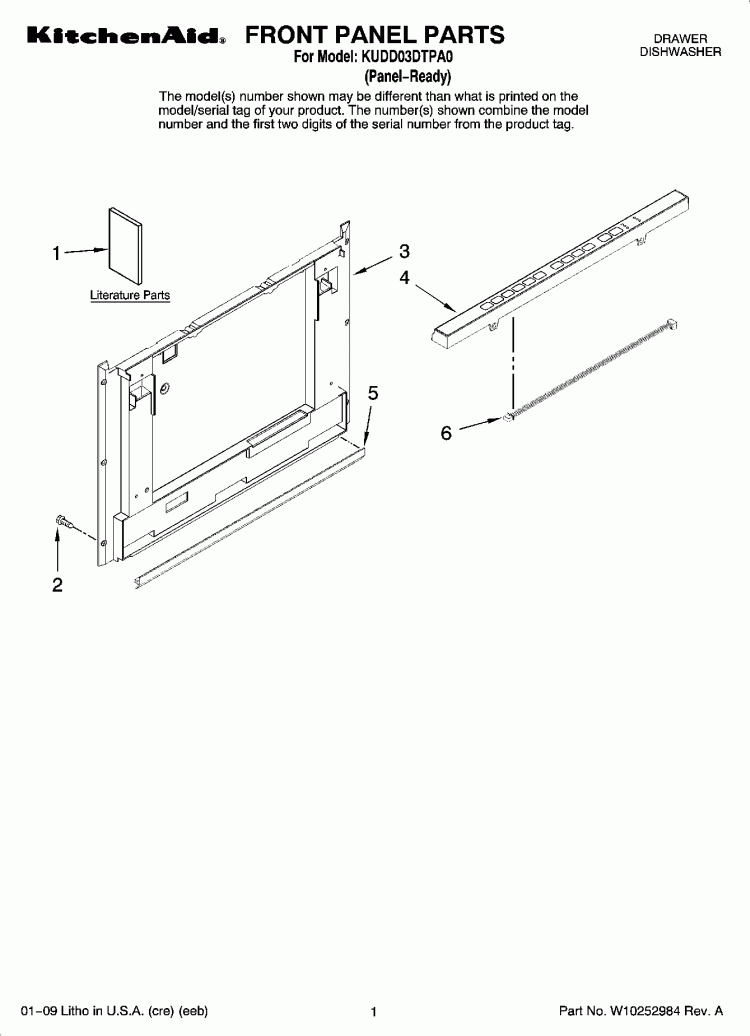FRONT PANEL PARTS Diagram and Parts List for KUDD03DTPA0  KitchenAid Dishwasher