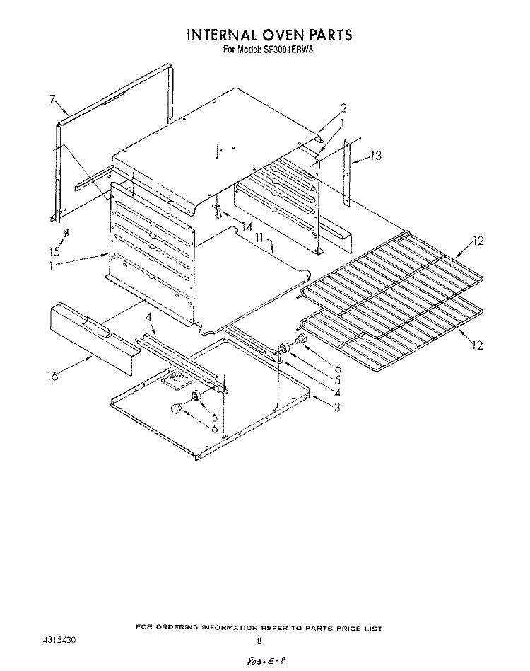 INTERNAL OVEN Diagram and Parts List for SF3001ERW5  Whirlpool Range