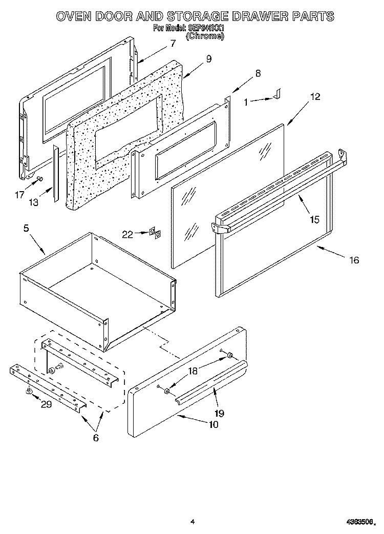 OVEN DOOR AND STORAGE DRAWER Diagram and Parts List for SEP340XX1  Roper Range
