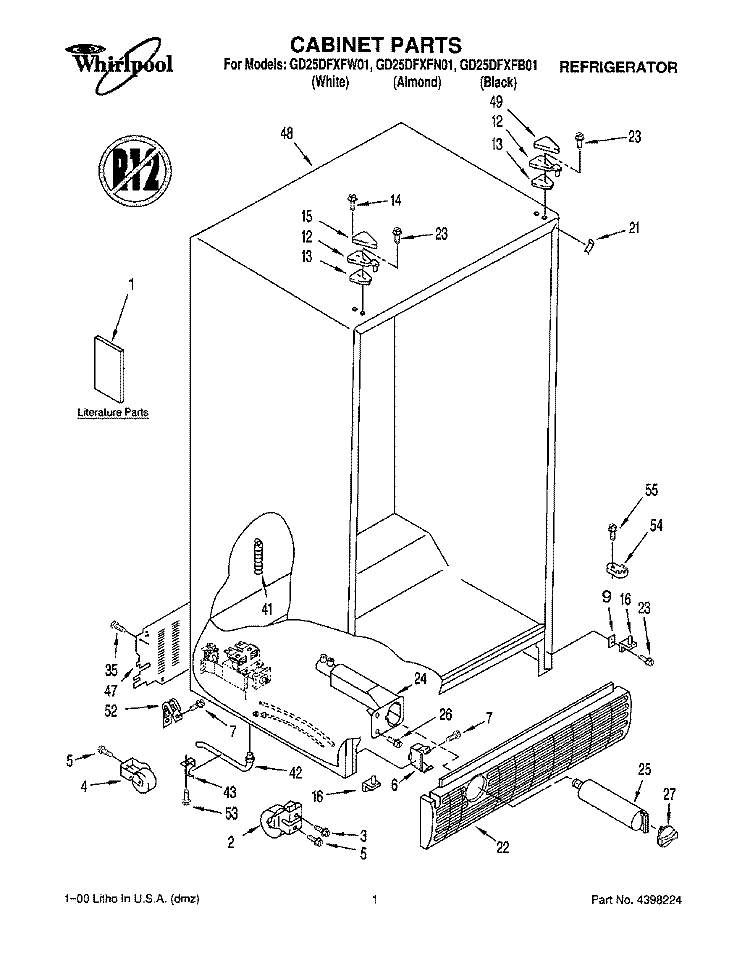 CABINET, LITERATURE Diagram and Parts List for GD25DFXFB01  Whirlpool Refrigerator