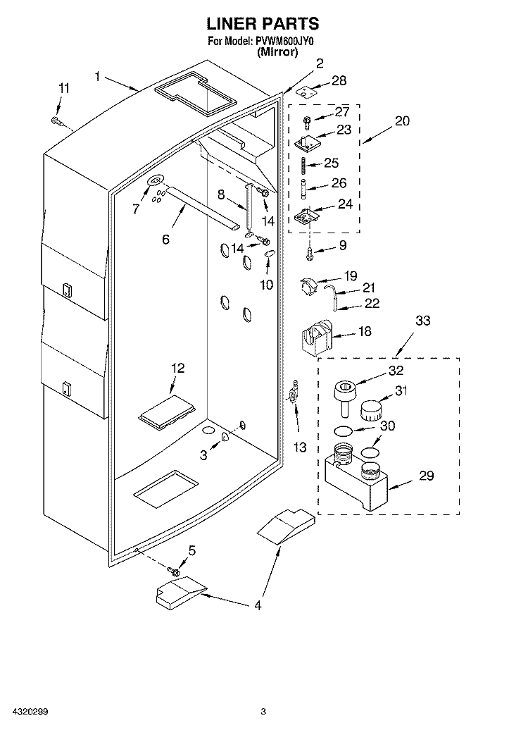 LINER Diagram and Parts List for PVWM600JY0  Whirlpool Cabinet