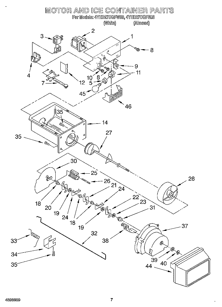 MOTOR AND ICE CONTAINER Diagram and Parts List for 4YED27DQFN03  Whirlpool Refrigerator