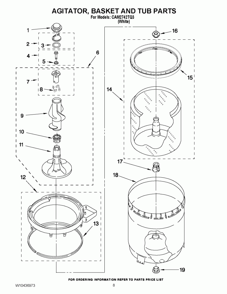 AGITATOR, BASKET AND TUB PARTS Diagram and Parts List for CAM2742TQ3  Whirlpool Washer