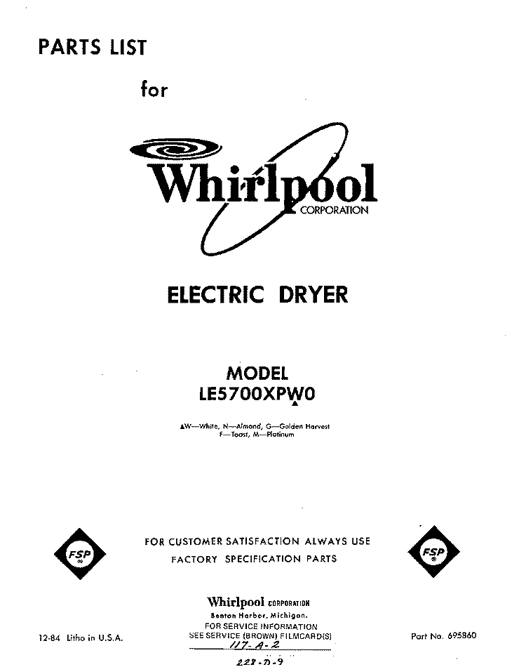 SECTION Diagram and Parts List for LE5700XPW0  Whirlpool Dryer