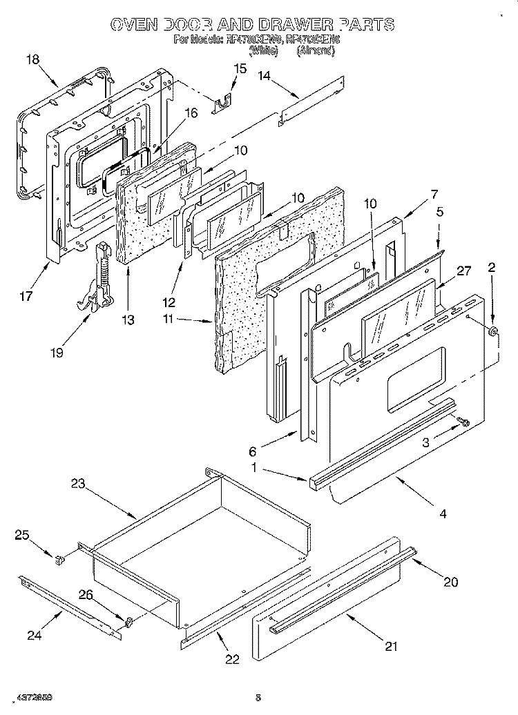 OVEN DOOR & DRAWER Diagram and Parts List for RF4700XEN0  Whirlpool Range