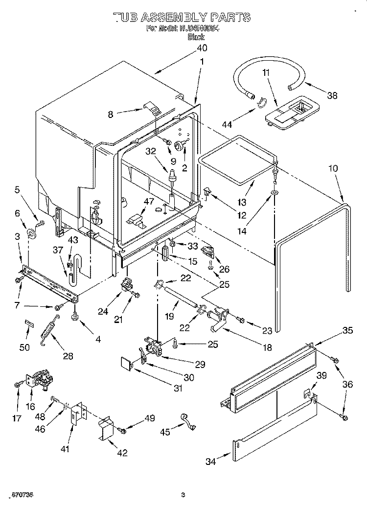 TUB ASSEMBLY Diagram and Parts List for RUD4500DB4  Roper Dishwasher
