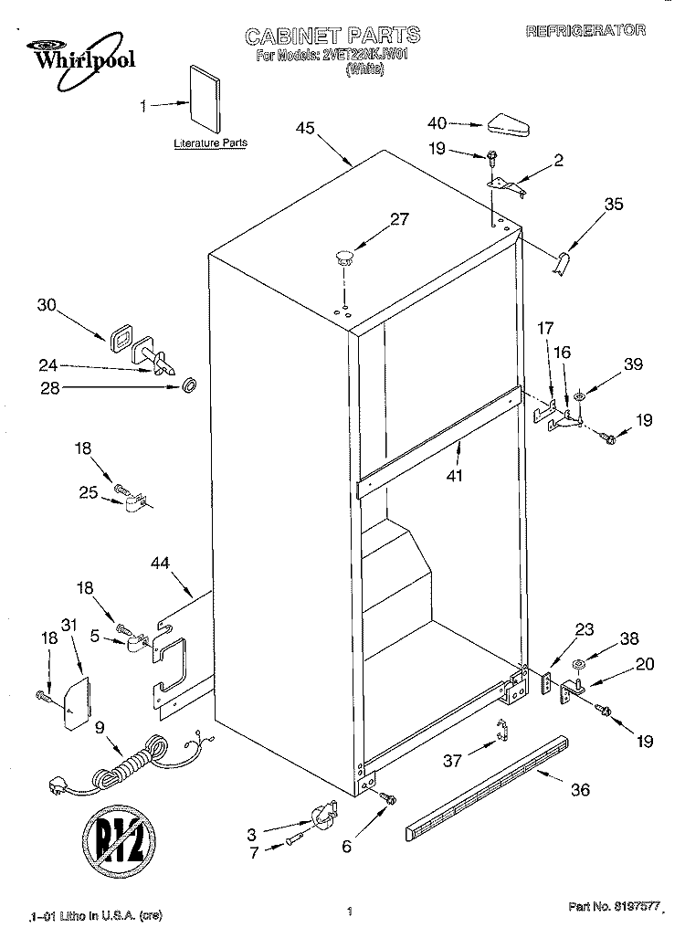 CABINET, LITERATURE Diagram and Parts List for 2VET22NKJW01  Whirlpool Refrigerator