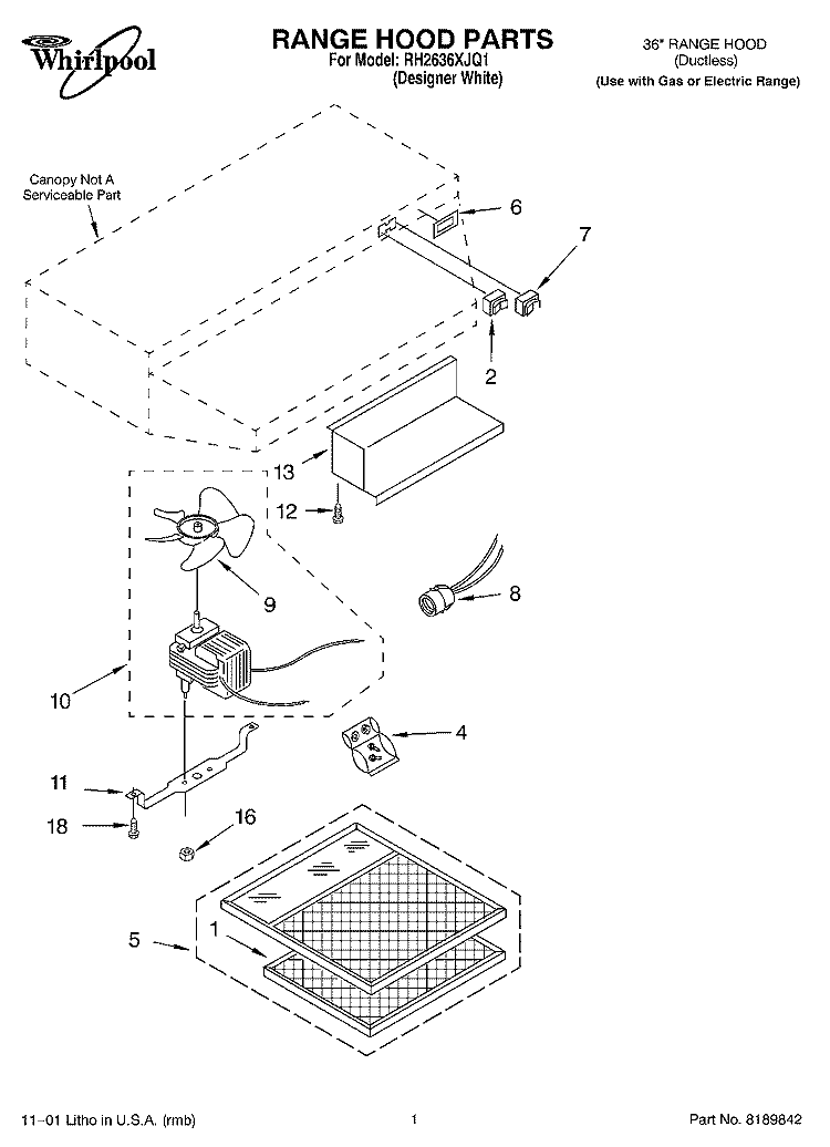SECTION Diagram and Parts List for RH2636XJQ1  Whirlpool Range Hood