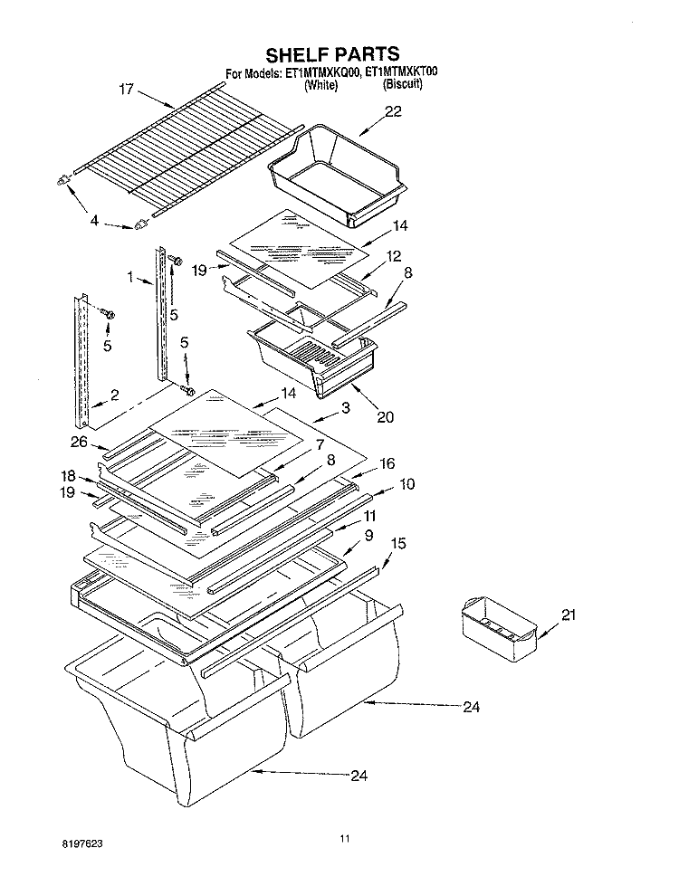 SHELF, OPTIONAL Diagram and Parts List for ET1MTMXKQ00  Whirlpool Refrigerator