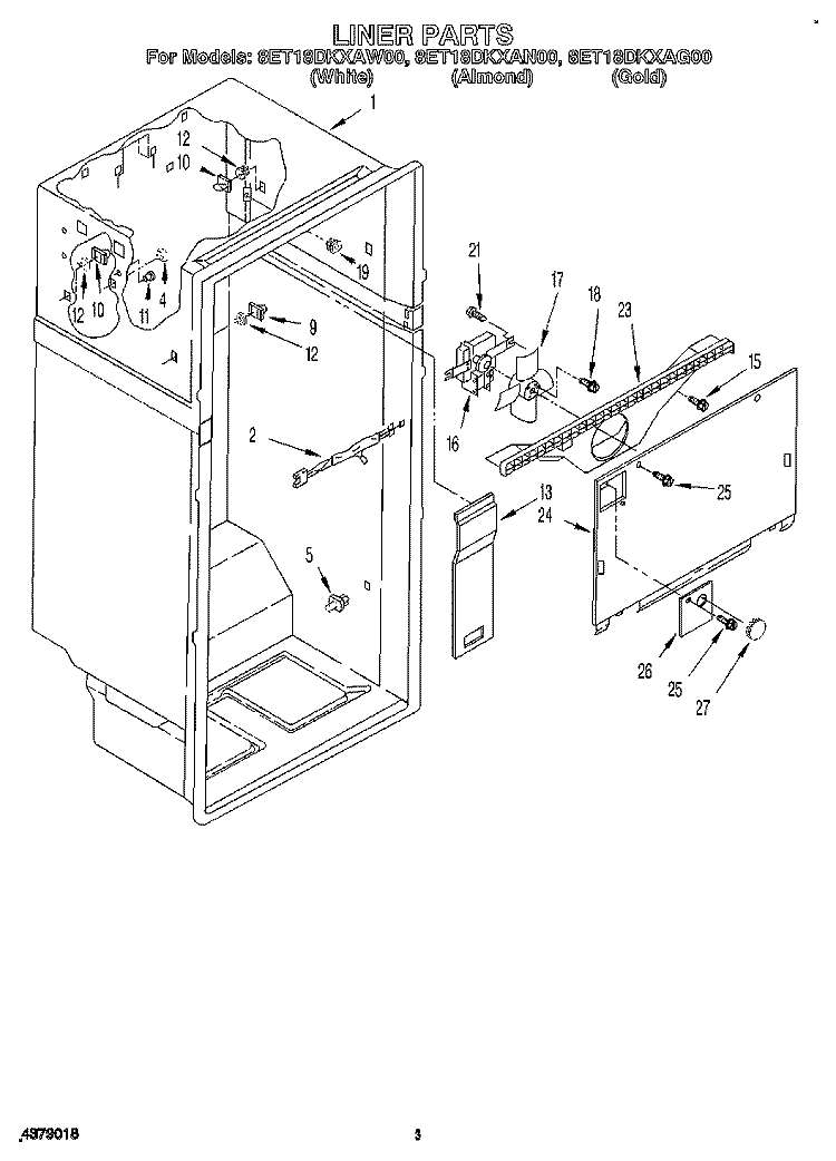LINER Diagram and Parts List for 8ET18DKXAN00  Whirlpool Refrigerator