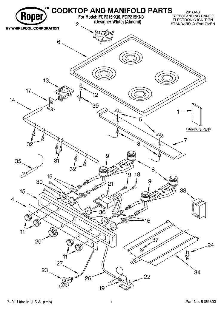 COOKTOP AND MANIFOLD, LITERATURE Diagram and Parts List for FGP215KN0  Roper Range