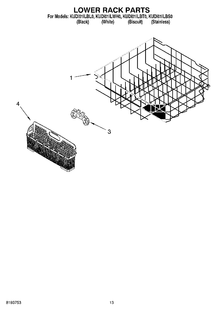 LOWER RACK Diagram and Parts List for KUDI01ILSS0  Whirlpool Dishwasher