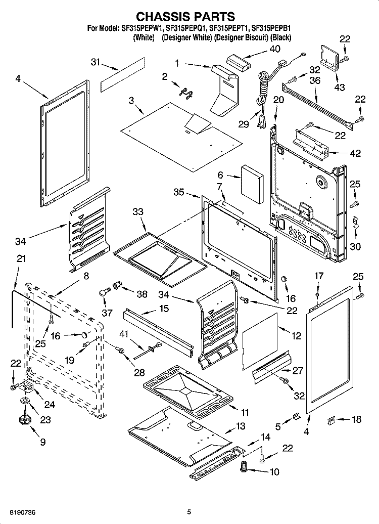 CHASSIS PARTS Diagram and Parts List for SF315PEPW1  Whirlpool Range
