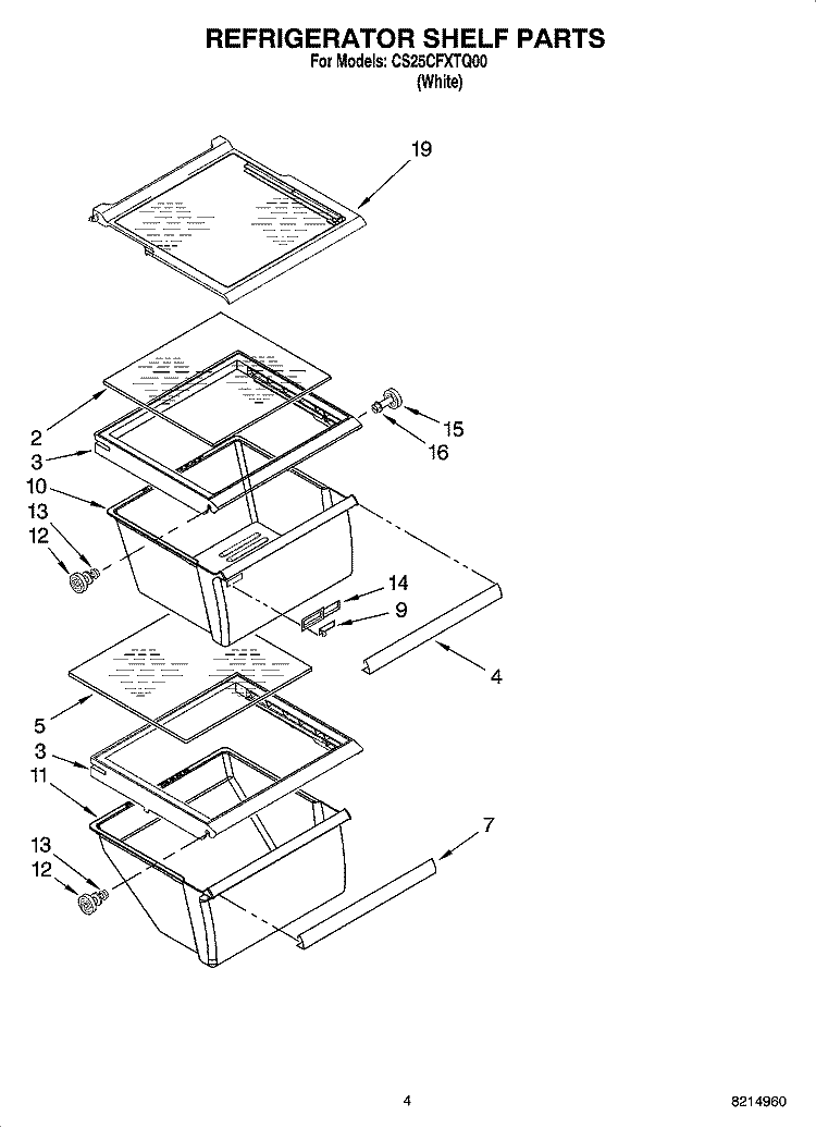 REFRIGERATOR SHELF PARTS Diagram and Parts List for CS25CFXTQ00  Crosley Refrigerator