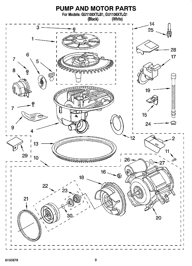 PUMP AND MOTOR PARTS Diagram and Parts List for GU1108XTLB1  Whirlpool Dishwasher