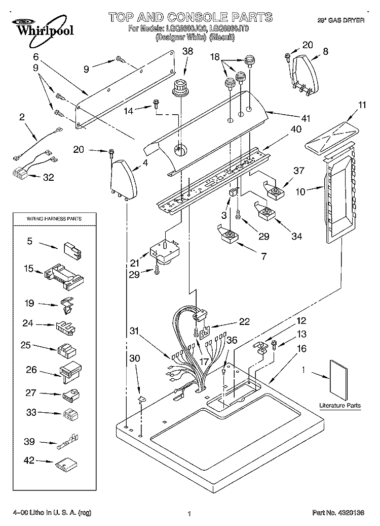 TOP AND CONSOLE, LIT/OPTIONAL Diagram and Parts List for LGQ8800JQ0  Whirlpool Dryer