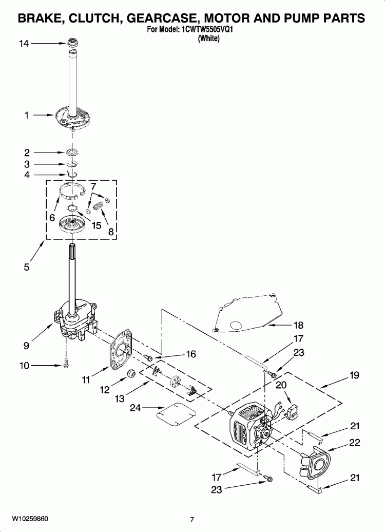 BRAKE, CLUTCH, GEARCASE, MOTOR AND PUMP PARTS Diagram and Parts List for 1CWTW5505VQ1  Whirlpool Washer