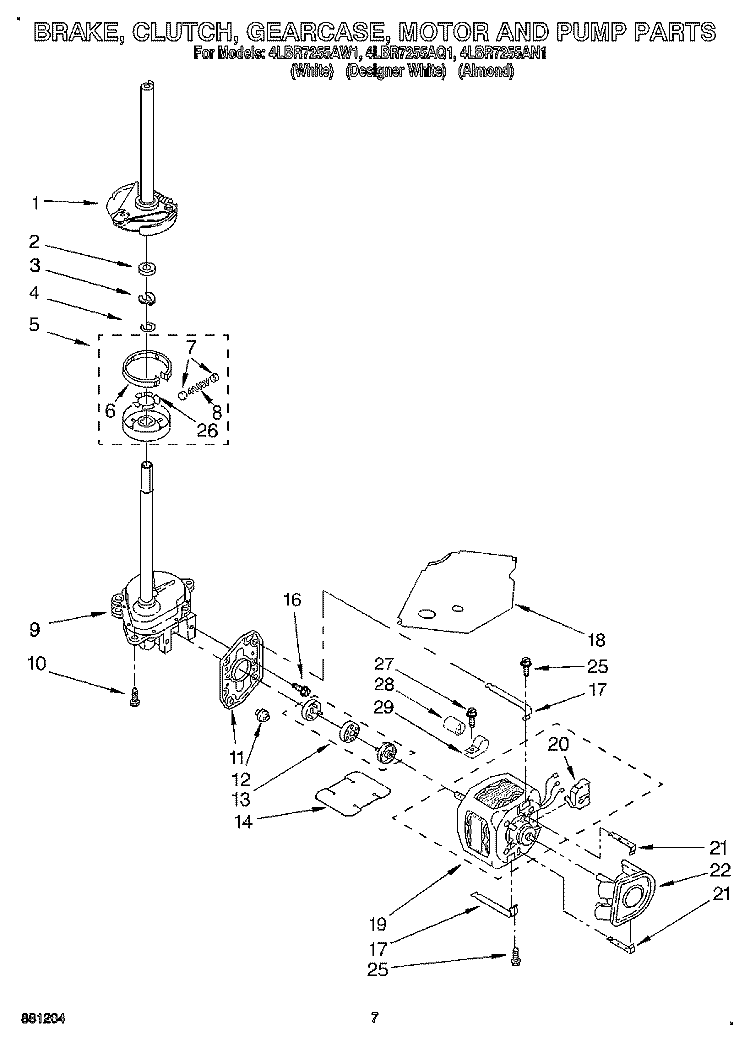 BRAKE, CLUTCH, GEARCASE, MOTOR & PUMP Diagram and Parts List for 4LBR7255AN1  Whirlpool Washer