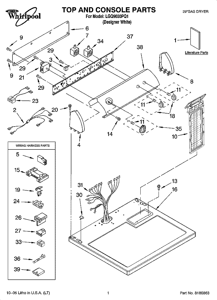 TOP AND CONSOLE PARTS Diagram and Parts List for LGQ9030PQ1  Whirlpool Dryer