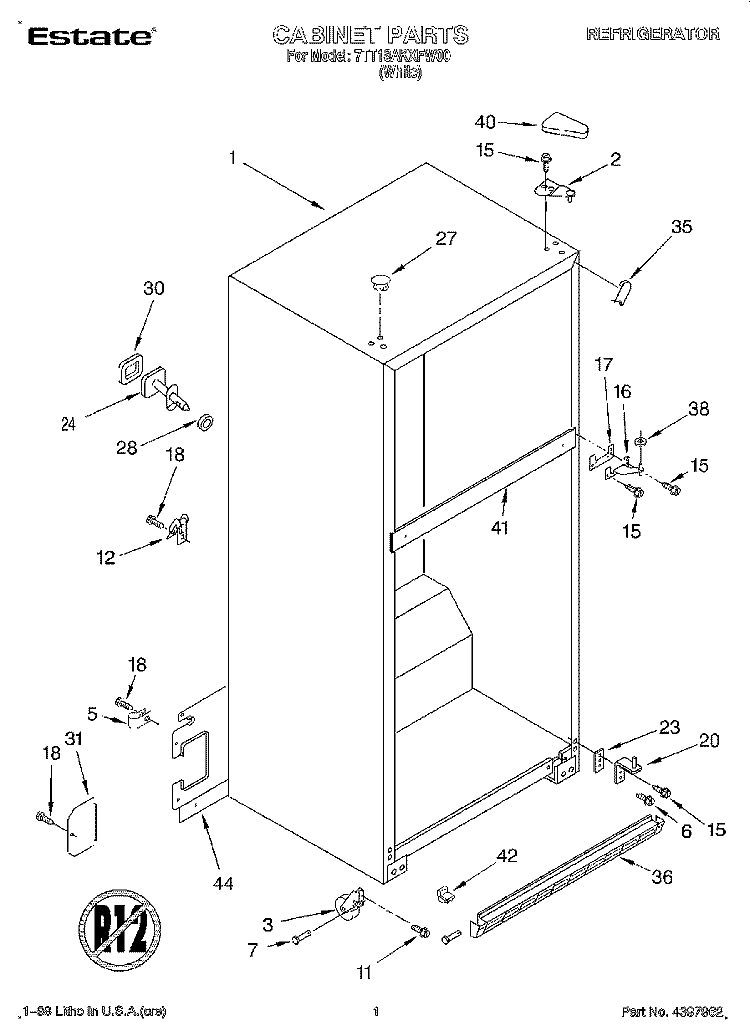 CABINET Diagram and Parts List for 7TT18AKXFW00  Whirlpool Refrigerator