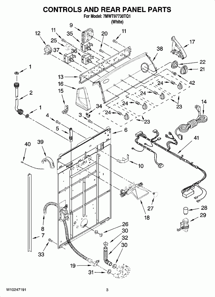 CONTROLS AND REAR PANEL PARTS Diagram and Parts List for 7MWT97730TQ1  Whirlpool Washer