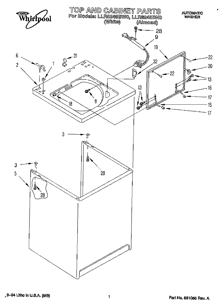 TOP AND CABINET, LIT/OPTIONAL Diagram and Parts List for LLR8245BW0  Whirlpool Washer