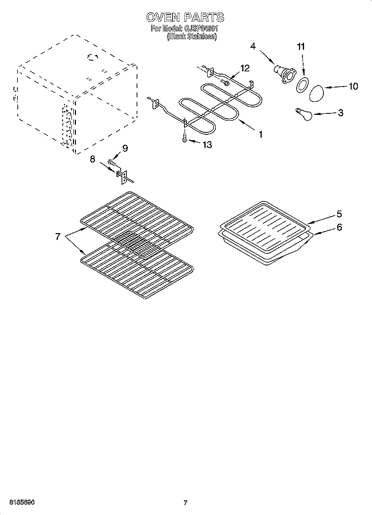 OVEN PARTS Diagram and Parts List for GJSP84901  Whirlpool Range